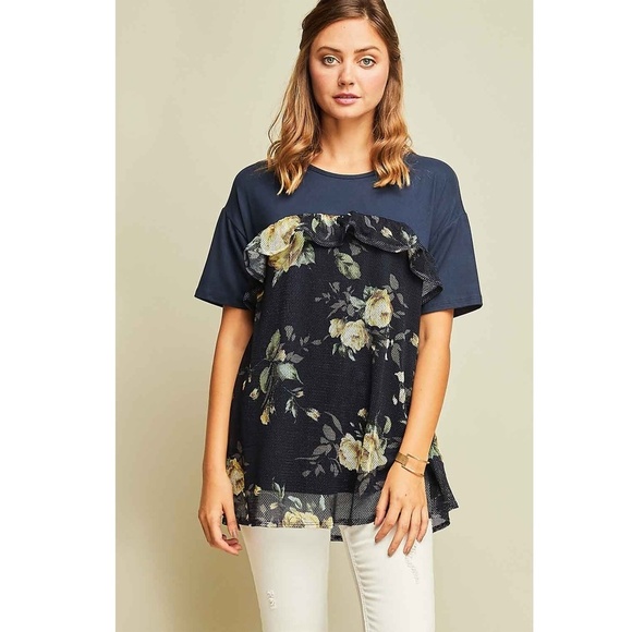 Navy Floral Mesh Ruffle Top - Picture 4 of 8